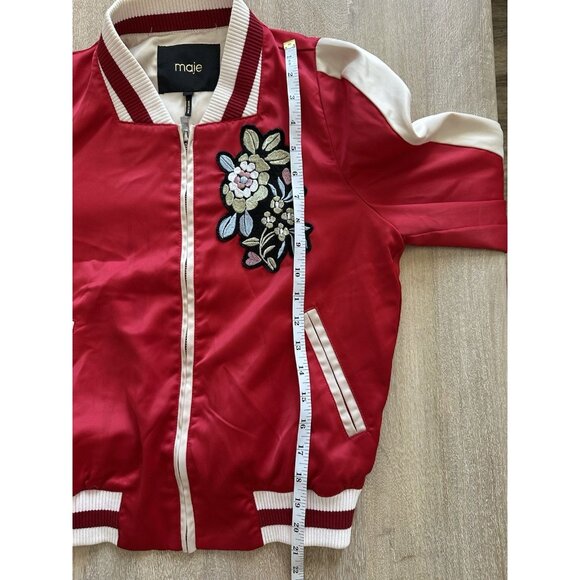 Maje Red Satin Floral Applique Bomber Jacket Size 38 - Picture 6 of 14